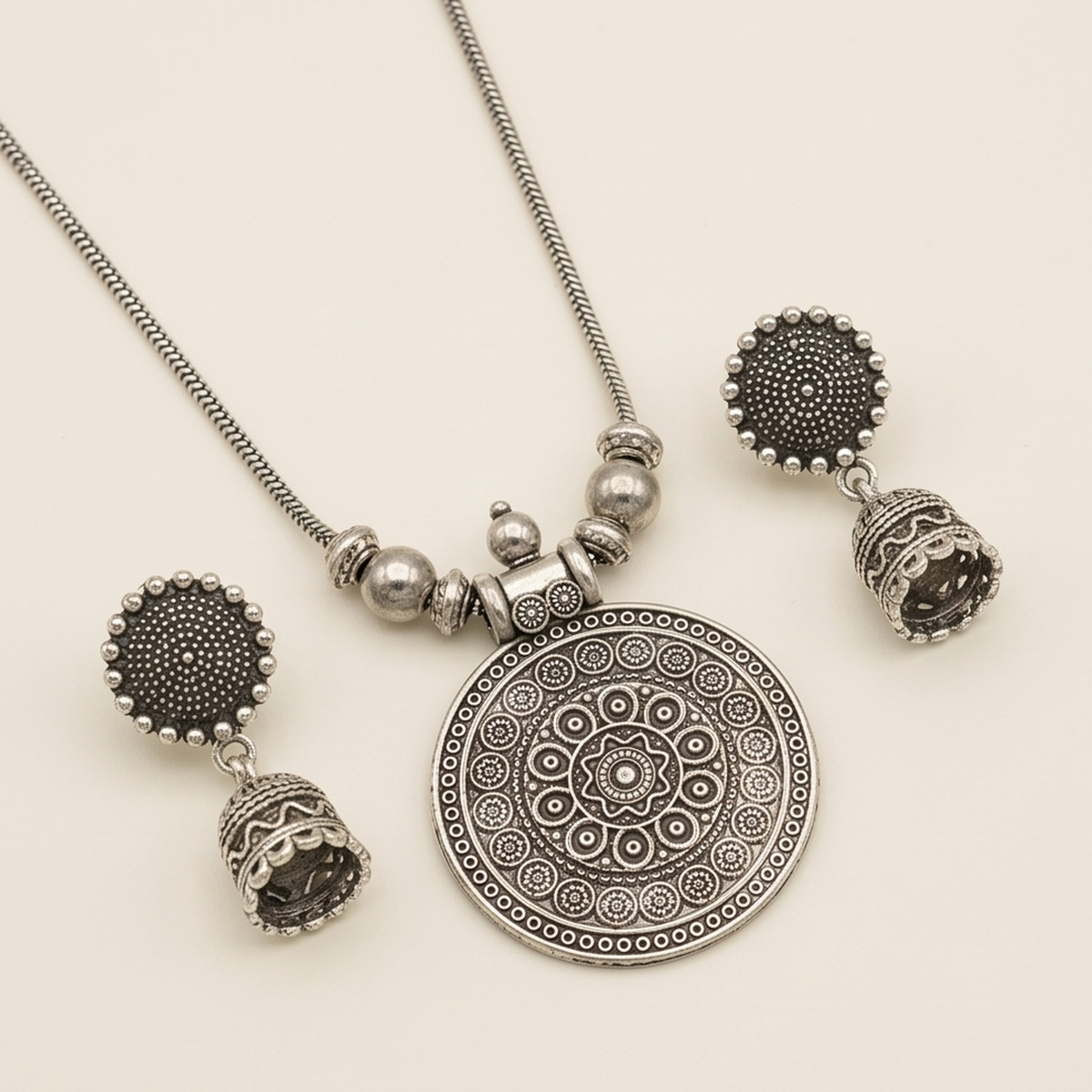 DIVYORO OXIDIZED SILVER MANDALA PENDANT CHAIN SET