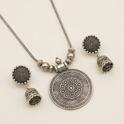 DIVYORO OXIDIZED SILVER MANDALA PENDANT CHAIN SET