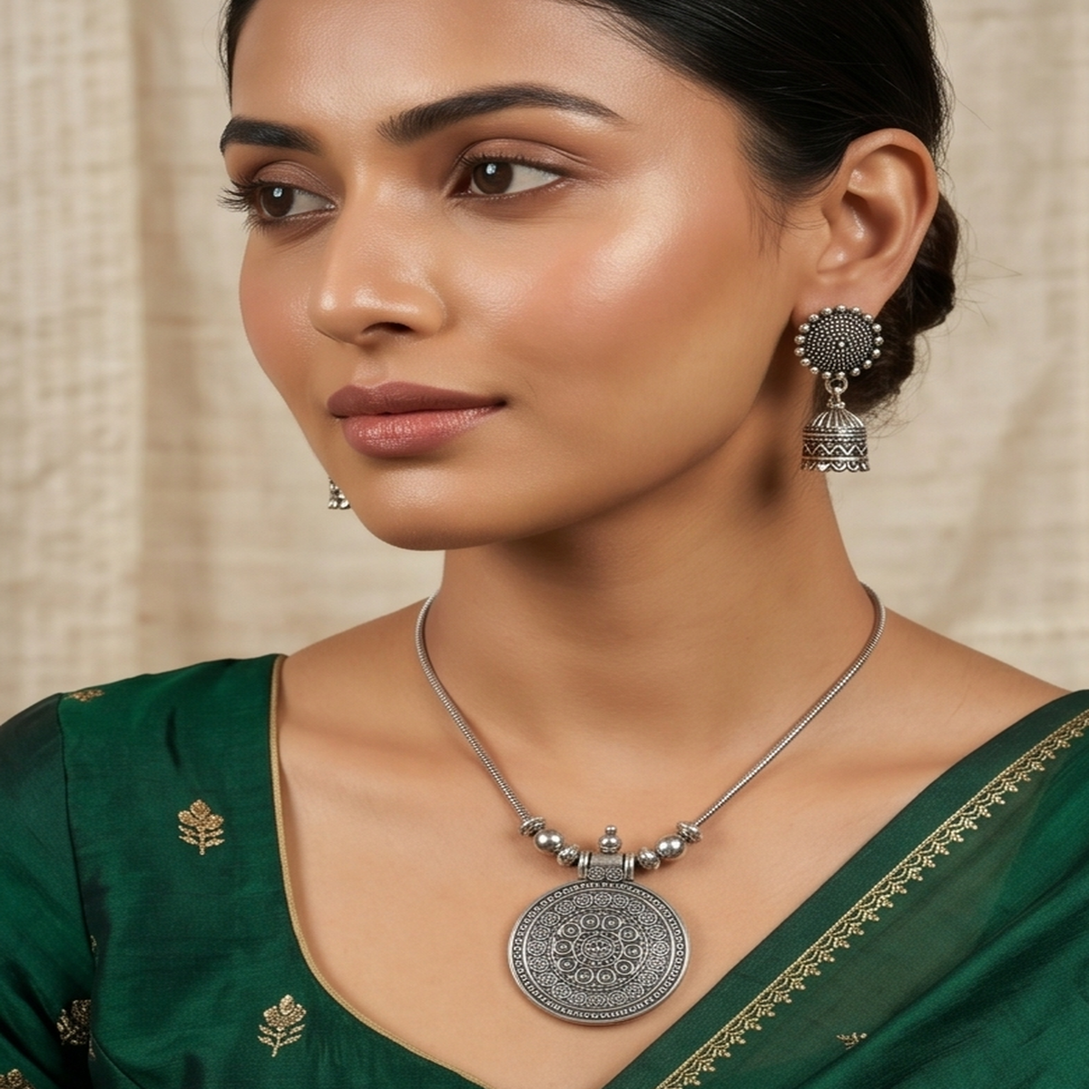DIVYORO OXIDIZED SILVER MANDALA PENDANT CHAIN SET