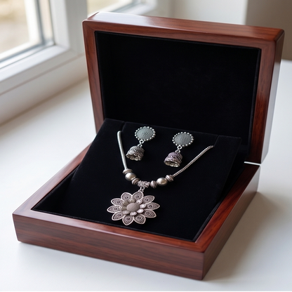 DIVYORO OXIDIZED SILVER FLORAL PENDANT CHAIN SET