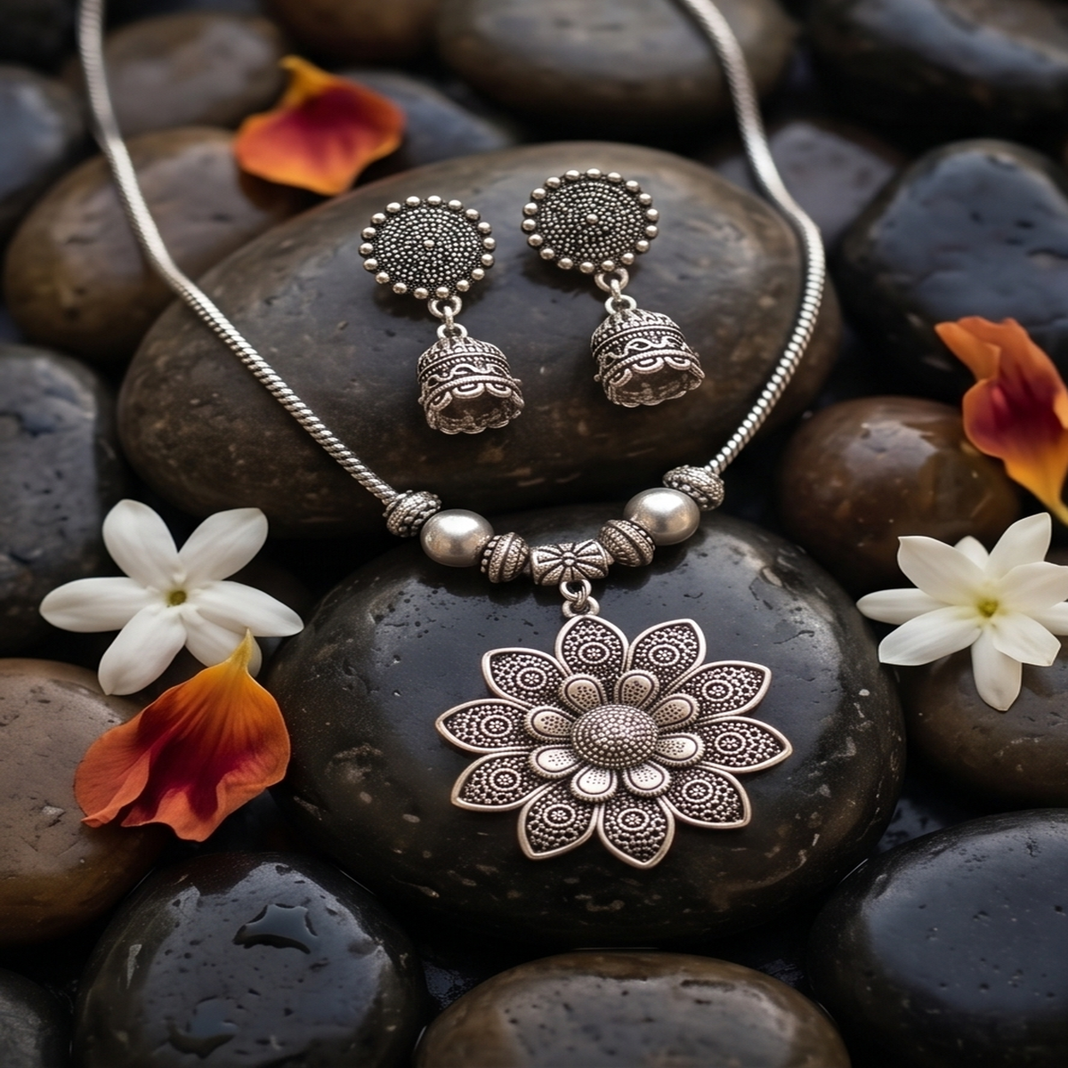 DIVYORO OXIDIZED SILVER FLORAL PENDANT CHAIN SET