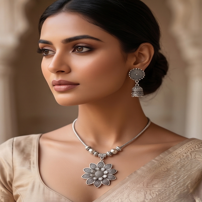 DIVYORO OXIDIZED SILVER FLORAL PENDANT CHAIN SET