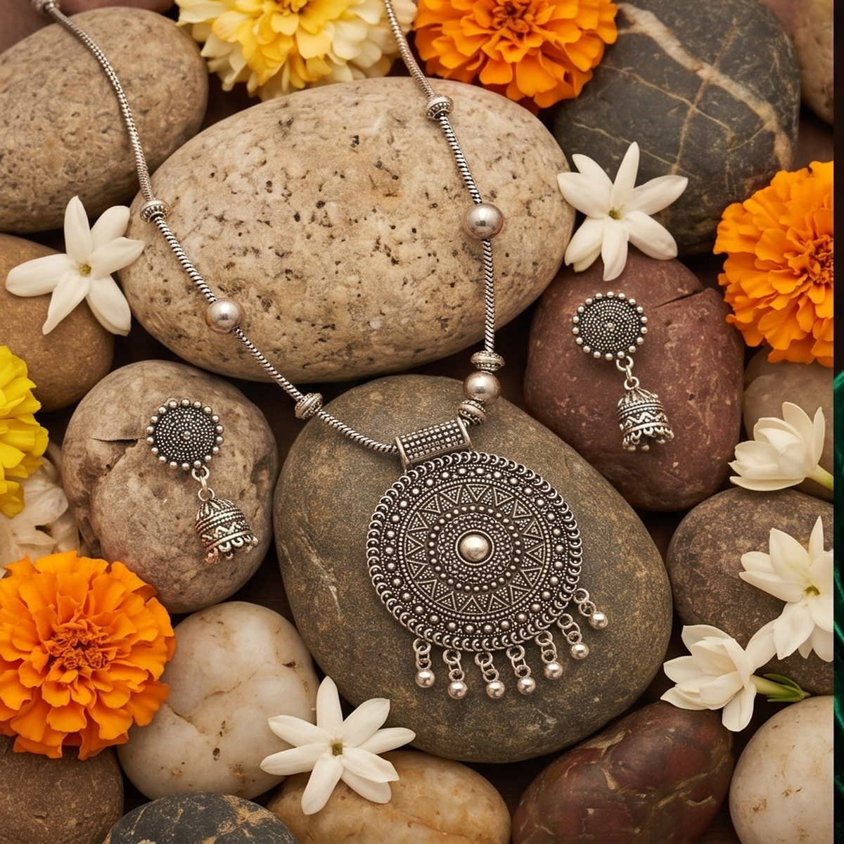 DIVYORO OXIDIZED SILVER MANDALA PENDANT CHAIN