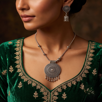 DIVYORO OXIDIZED SILVER MANDALA PENDANT CHAIN