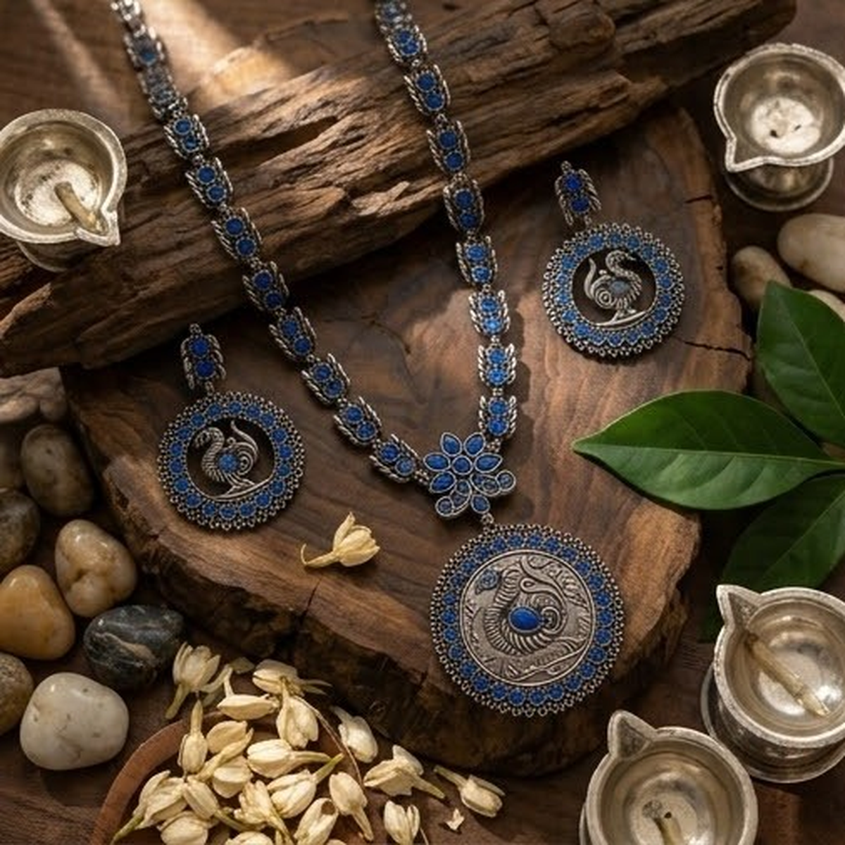 DIVYORO TRADITIONAL PEACOCK DESIGN BLUE STONE NECKLACE SET