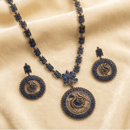 DIVYORO TRADITIONAL PEACOCK DESIGN BLUE STONE NECKLACE SET