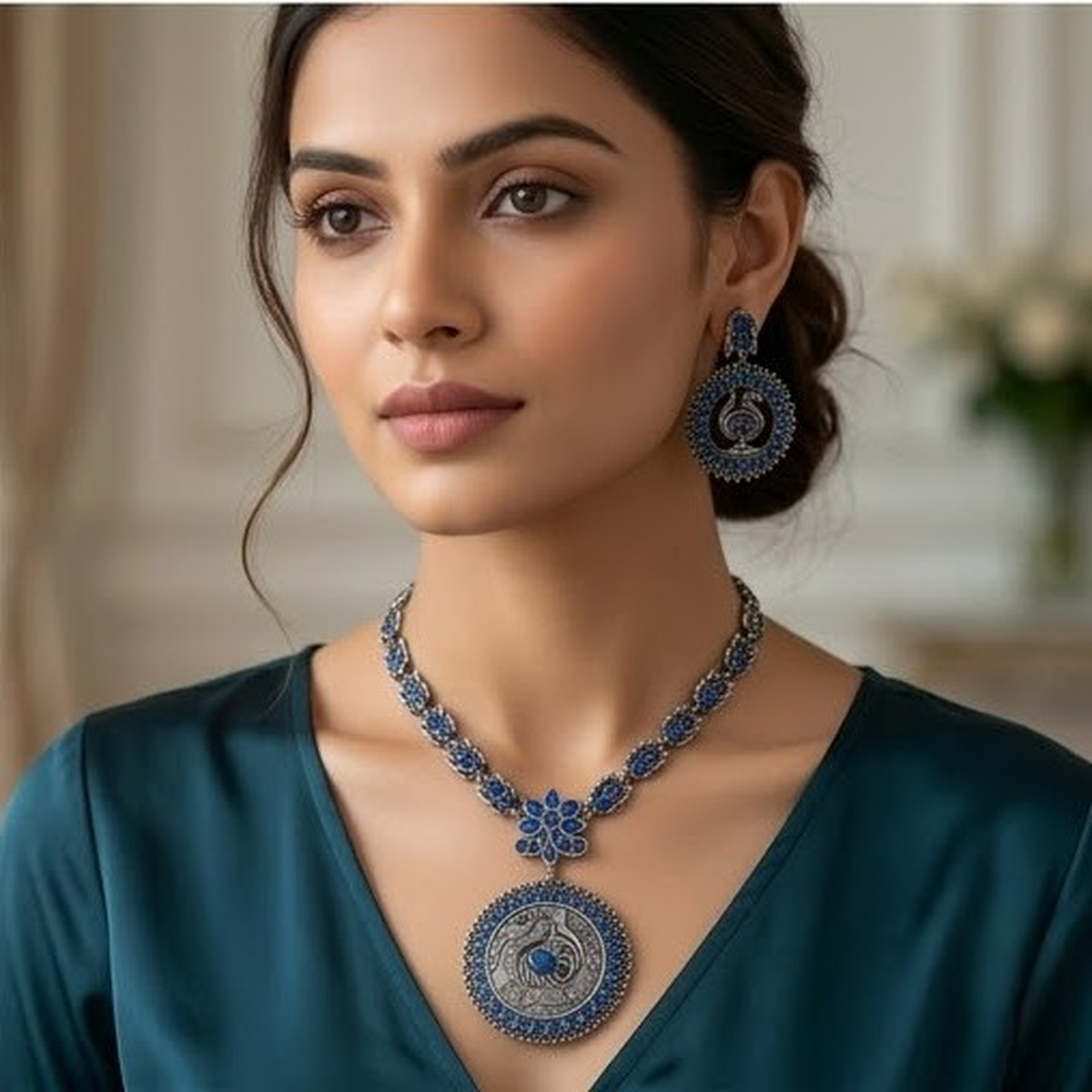 DIVYORO TRADITIONAL PEACOCK DESIGN BLUE STONE NECKLACE SET