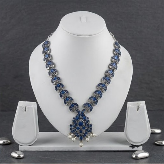DIVYORO ROYAL BLUE FLORAL MOTIF OXIDIZED SILVER NECKLACE SET