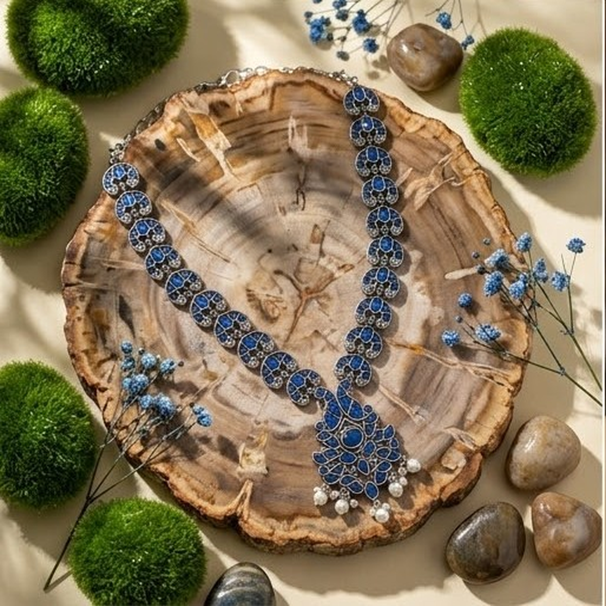 DIVYORO ROYAL BLUE FLORAL MOTIF OXIDIZED SILVER NECKLACE SET