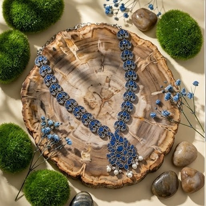 DIVYORO ROYAL BLUE FLORAL MOTIF OXIDIZED SILVER NECKLACE SET