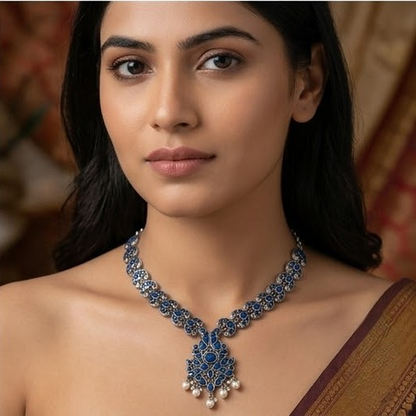DIVYORO ROYAL BLUE FLORAL MOTIF OXIDIZED SILVER NECKLACE SET