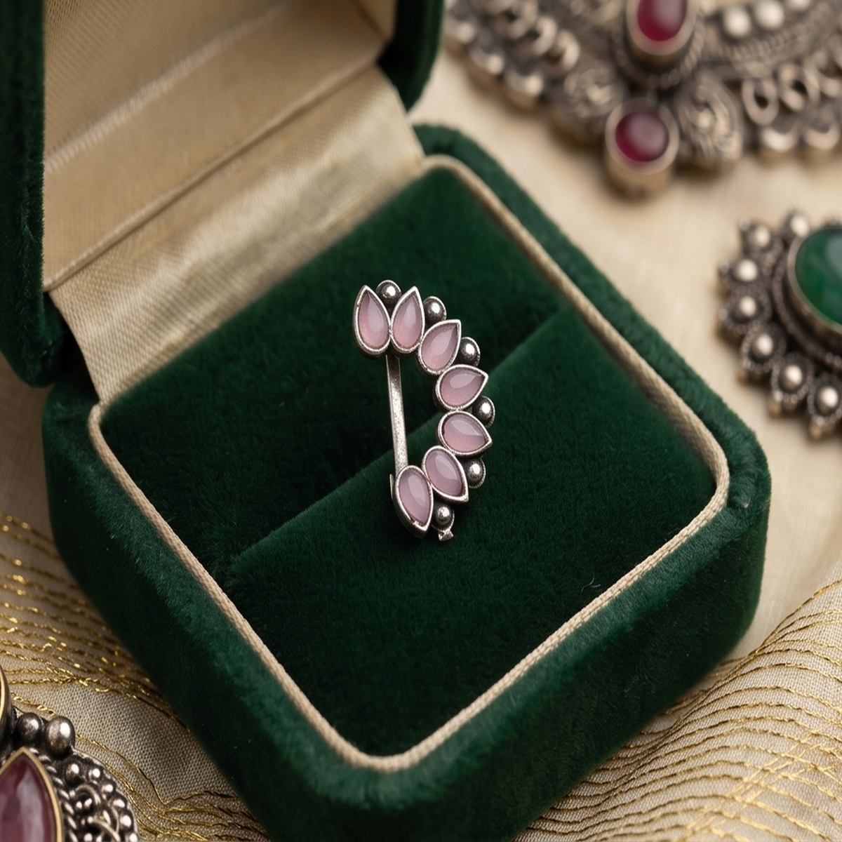 Divyoro Oxidised Lotus Motif NosePin