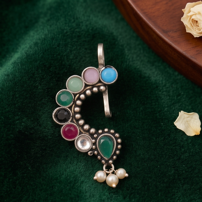 Divyoro Oxidized Silver Ruby Marquise Nath