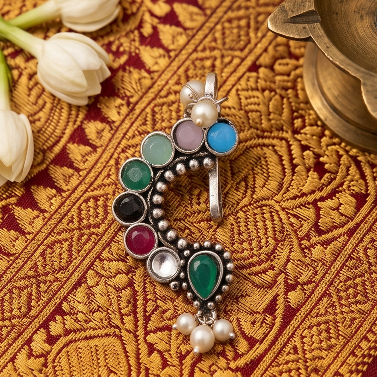 Divyoro Oxidized Silver Ruby Marquise Nath