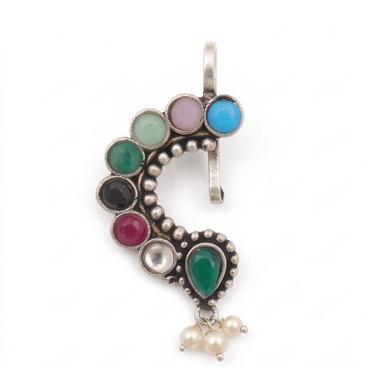 Divyoro Oxidized Silver Ruby Marquise Nath