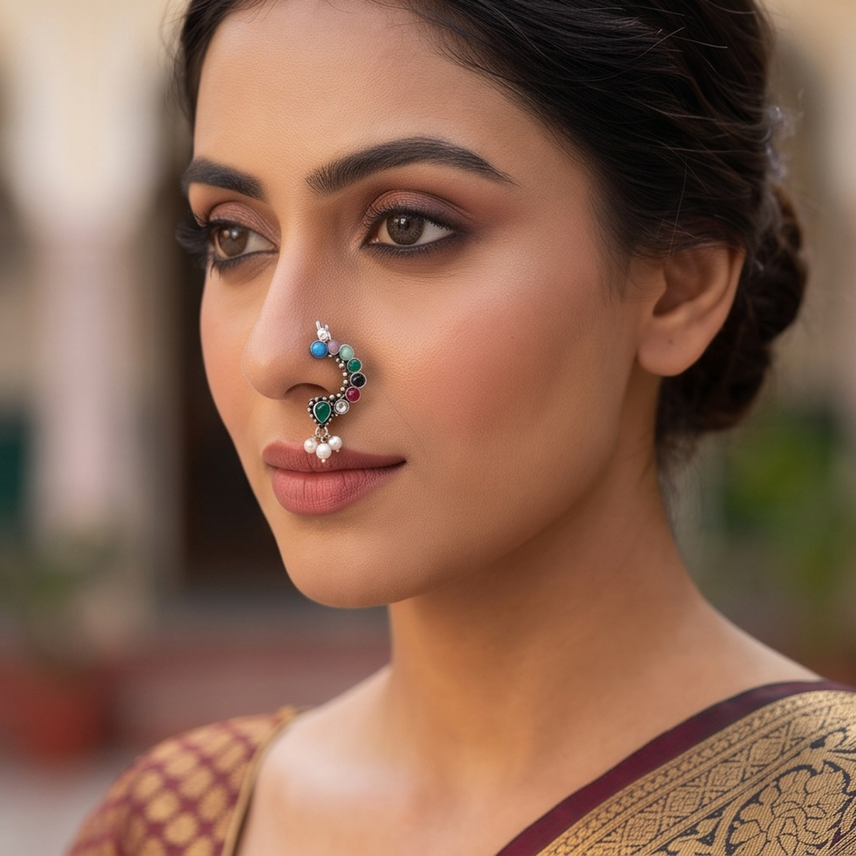 Divyoro Oxidized Silver Ruby Marquise Nath