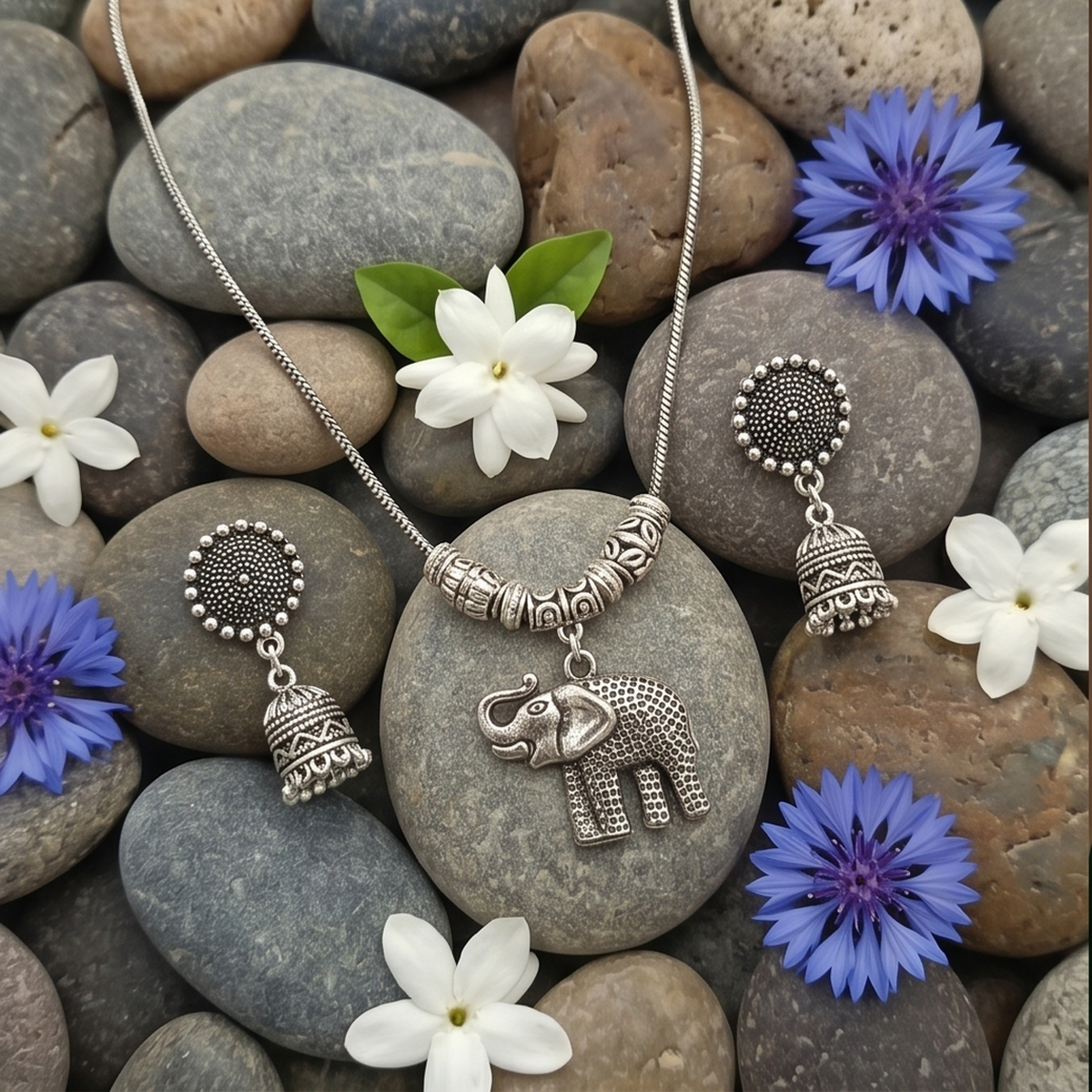 DIVYORO OXIDIZED SILVER ELEPHANT PENDANT CHAIN SET