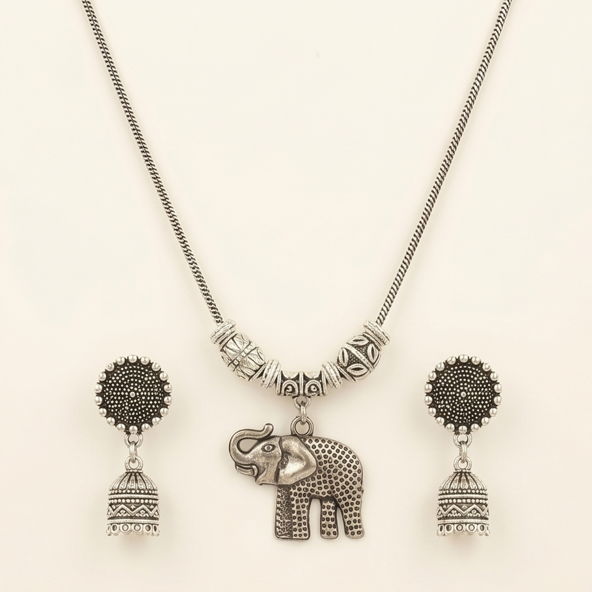 DIVYORO OXIDIZED SILVER ELEPHANT PENDANT CHAIN SET