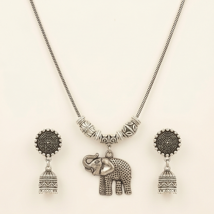 DIVYORO OXIDIZED SILVER ELEPHANT PENDANT CHAIN SET