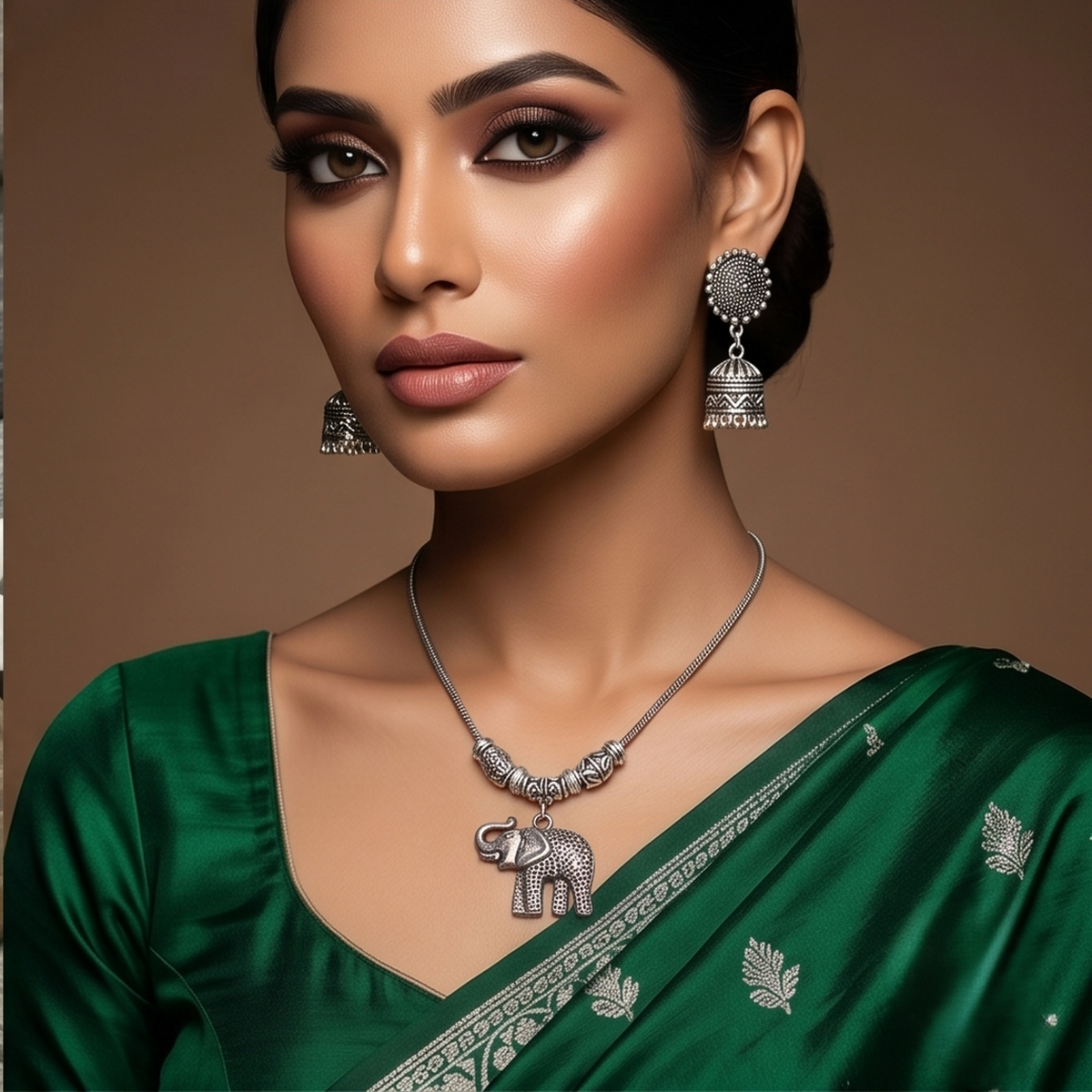 DIVYORO OXIDIZED SILVER ELEPHANT PENDANT CHAIN SET