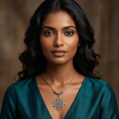 DIVYORO OXIDIZED SILVER FLORAL PENDANT CHAIN SET