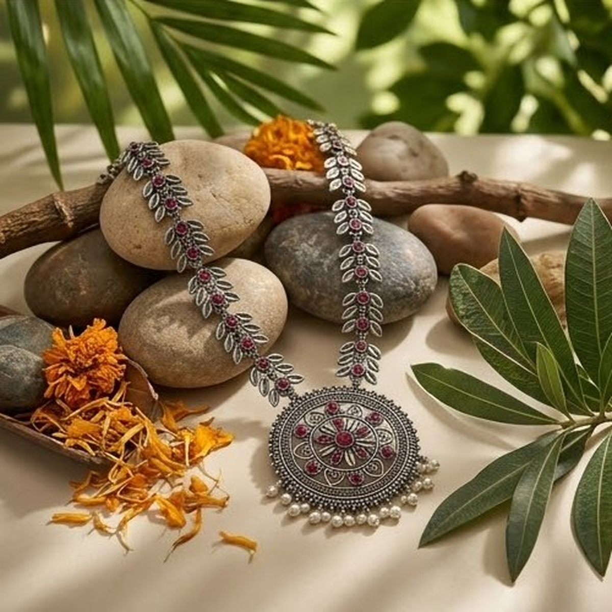 DIVYORO CIRCULAR FLORAL RED STONE OXIDIZED NECKLACE