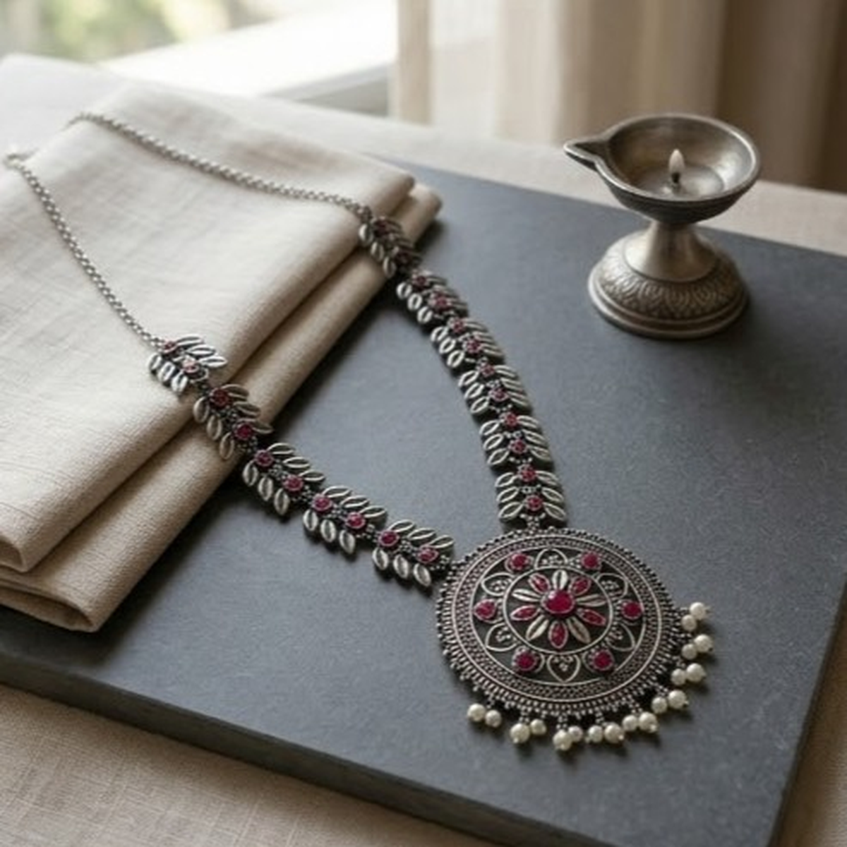 DIVYORO CIRCULAR FLORAL RED STONE OXIDIZED NECKLACE