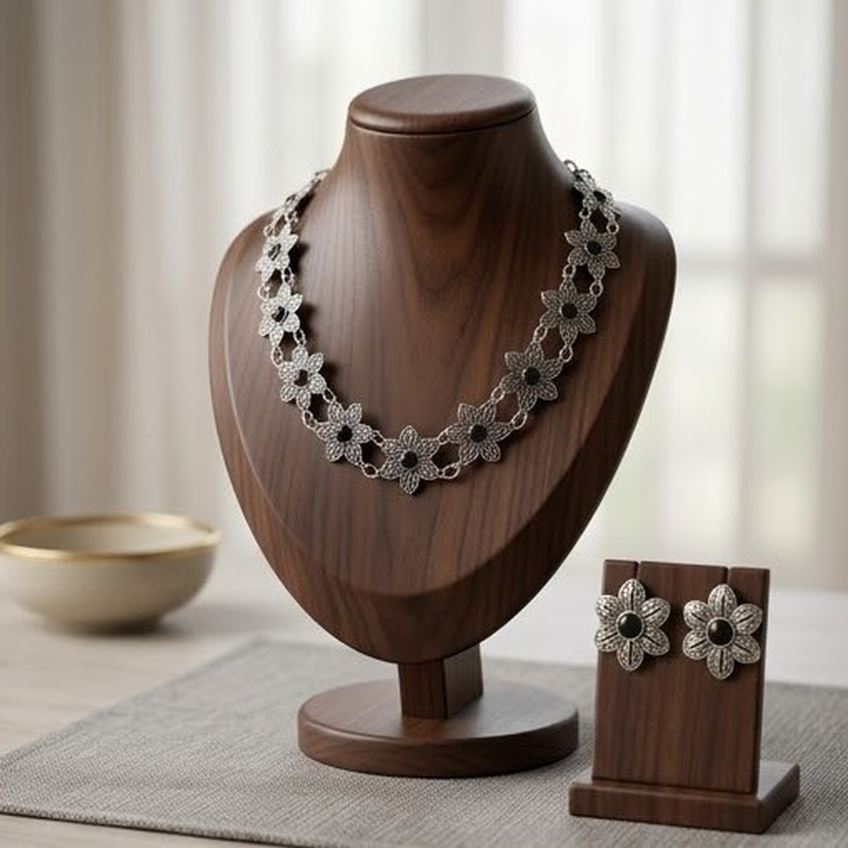 DIVYORO OXIDIZED SILVER BLACK FLORAL CHOKER SET