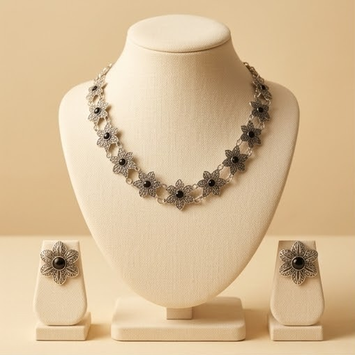 DIVYORO OXIDIZED SILVER BLACK FLORAL CHOKER SET