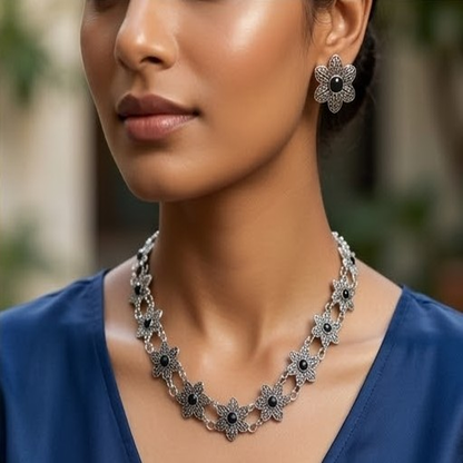 DIVYORO OXIDIZED SILVER BLACK FLORAL CHOKER SET