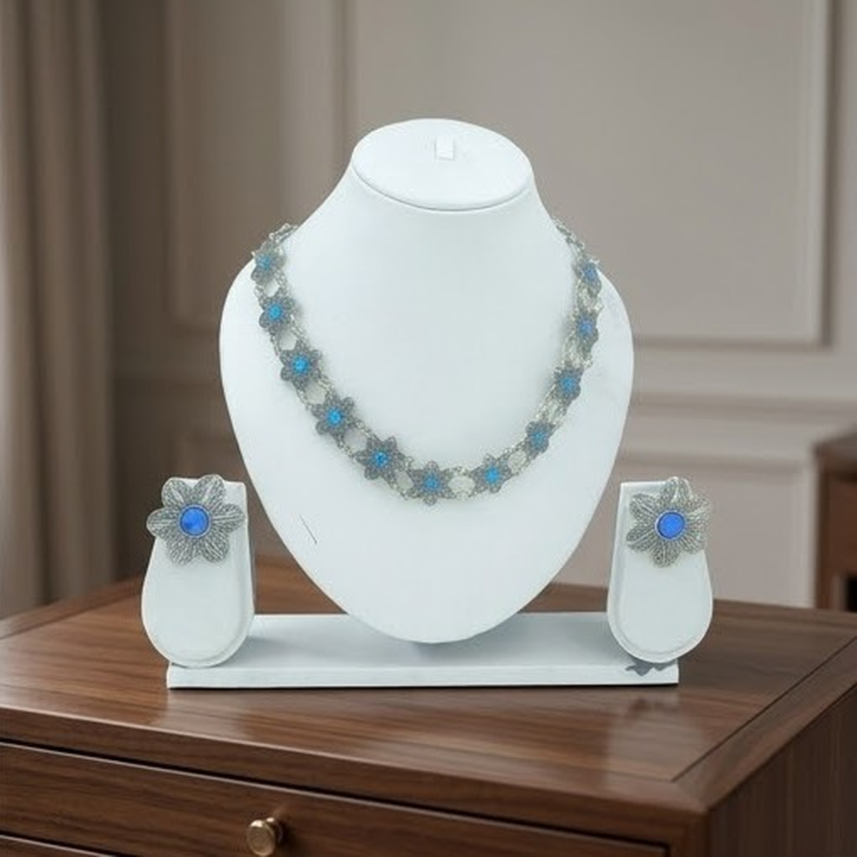 DIVYORO BRIGHT BLUE FLORAL LINK OXIDIZED CHOKER SET