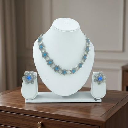 DIVYORO BRIGHT BLUE FLORAL LINK OXIDIZED CHOKER SET