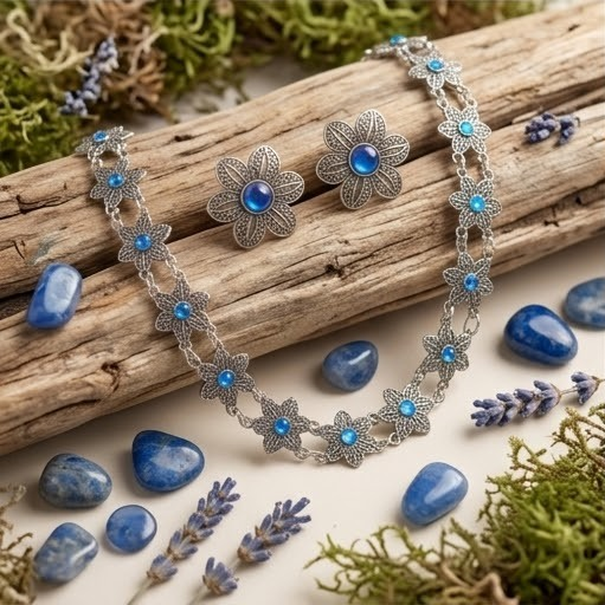 DIVYORO BRIGHT BLUE FLORAL LINK OXIDIZED CHOKER SET