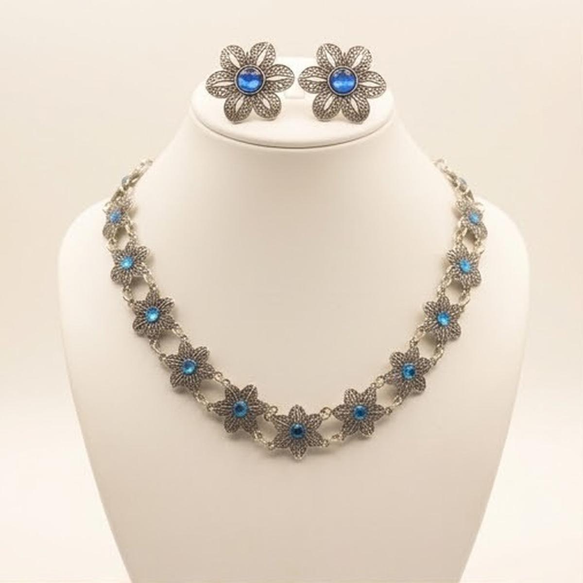 DIVYORO BRIGHT BLUE FLORAL LINK OXIDIZED CHOKER SET