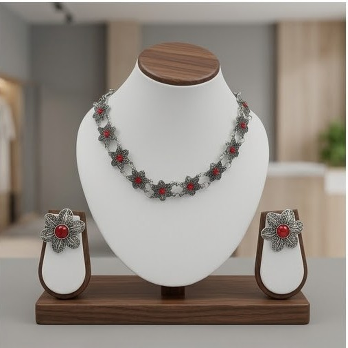 DIVYORO RED FLORAL OXIDIZED SILVER CHOKER SET