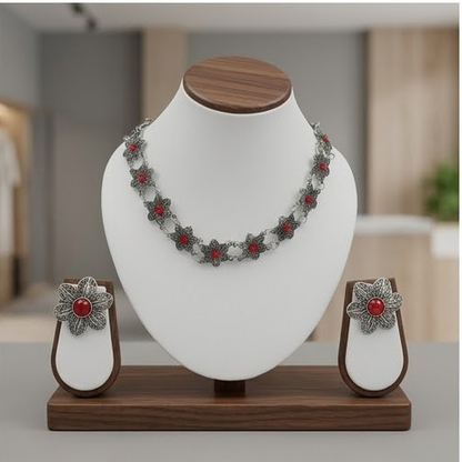 DIVYORO RED FLORAL OXIDIZED SILVER CHOKER SET