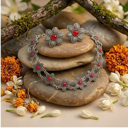 DIVYORO RED FLORAL OXIDIZED SILVER CHOKER SET