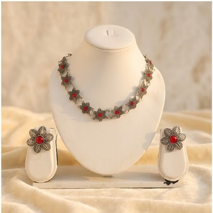 DIVYORO RED FLORAL OXIDIZED SILVER CHOKER SET