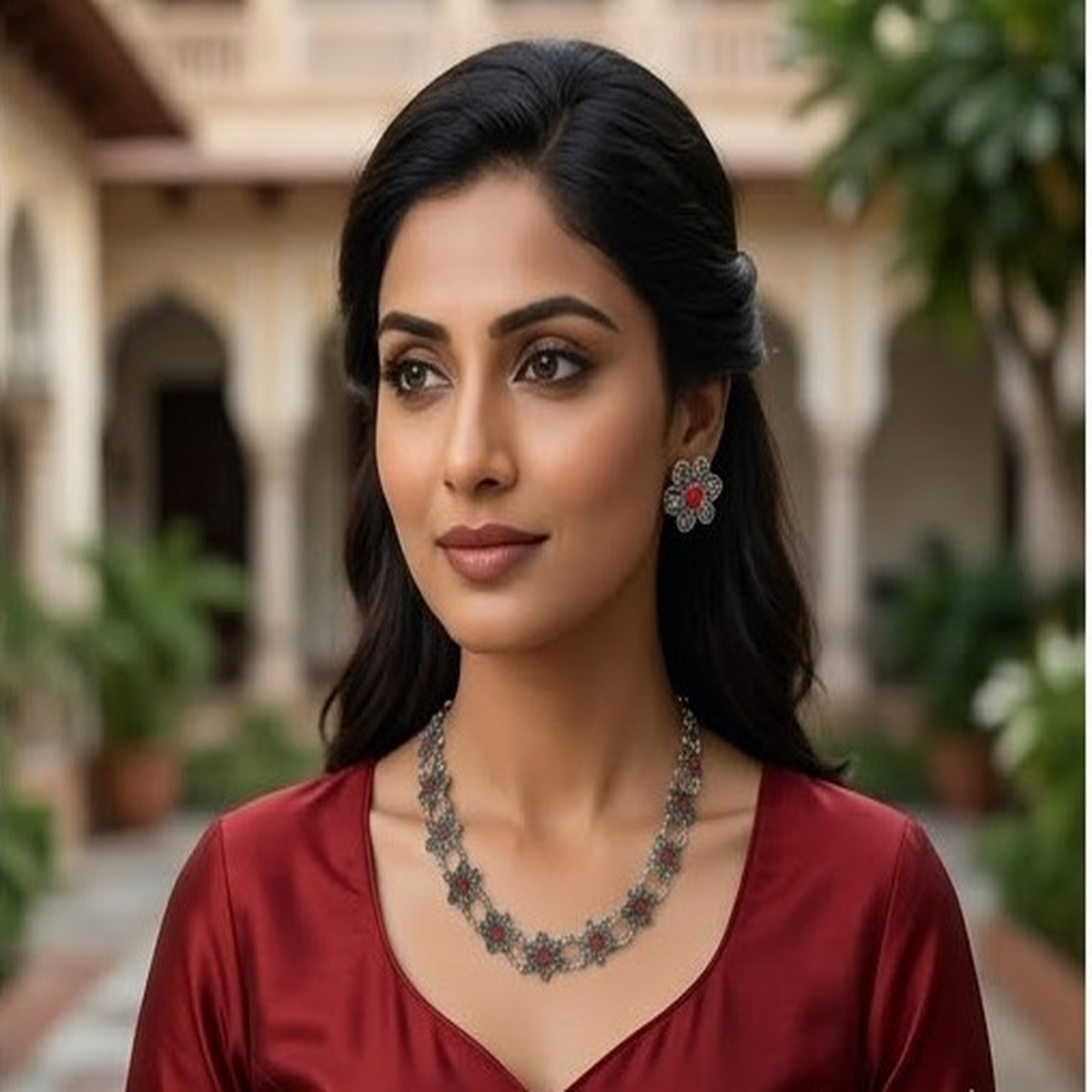 DIVYORO RED FLORAL OXIDIZED SILVER CHOKER SET