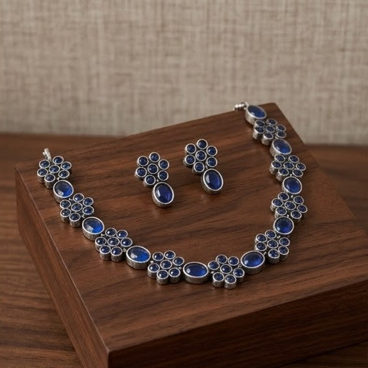 DIVYORO ELEGANT OXIDIZED SILVER NECKLACE WITH DEEP BLUE CIRCULAR STONES
