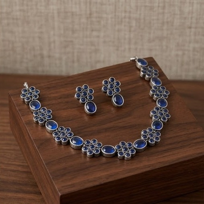 DIVYORO ELEGANT OXIDIZED SILVER NECKLACE WITH DEEP BLUE CIRCULAR STONES