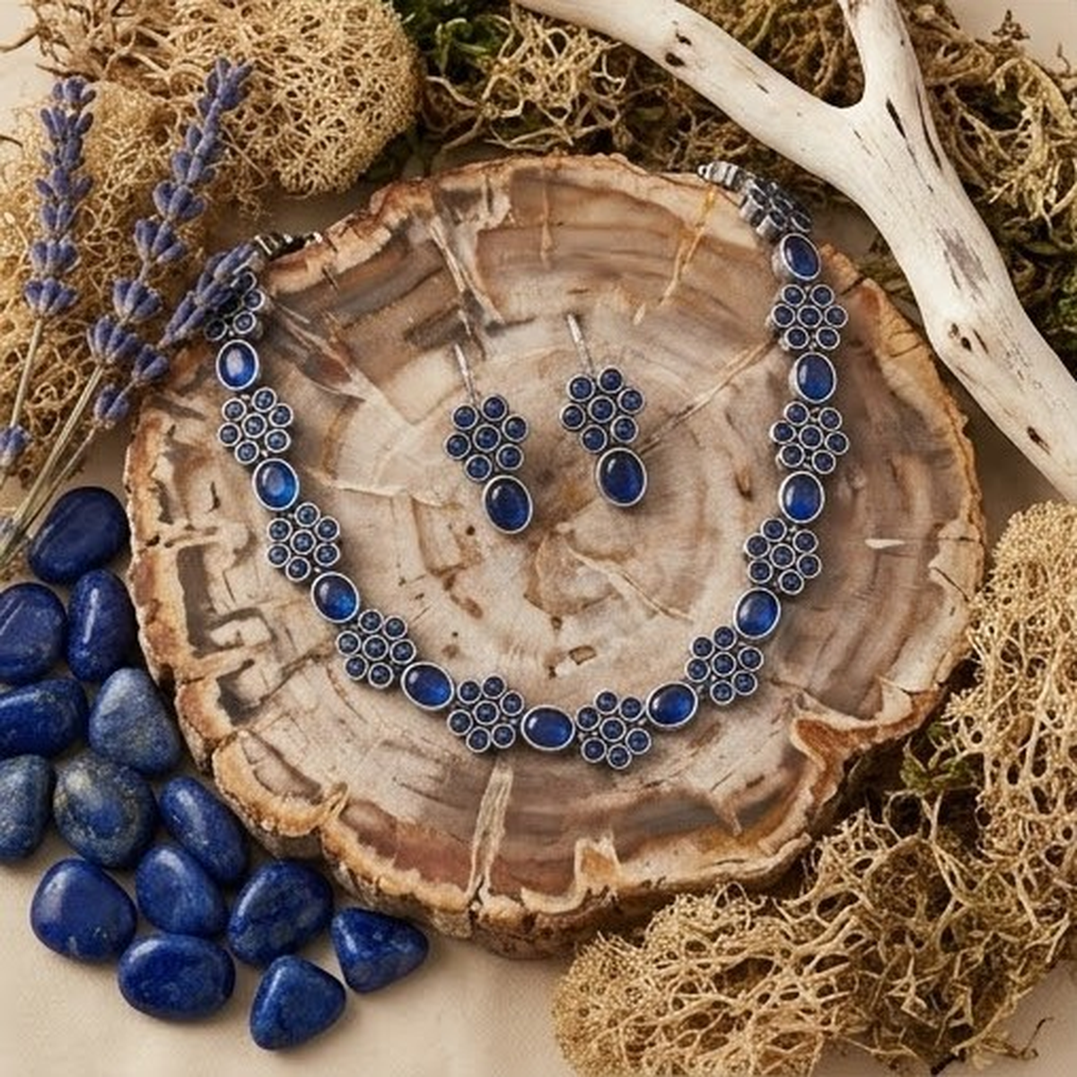 DIVYORO ELEGANT OXIDIZED SILVER NECKLACE WITH DEEP BLUE CIRCULAR STONES