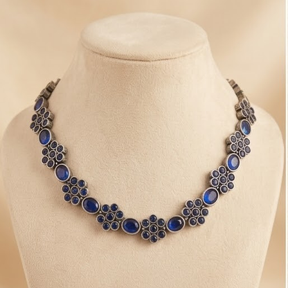 DIVYORO ELEGANT OXIDIZED SILVER NECKLACE WITH DEEP BLUE CIRCULAR STONES