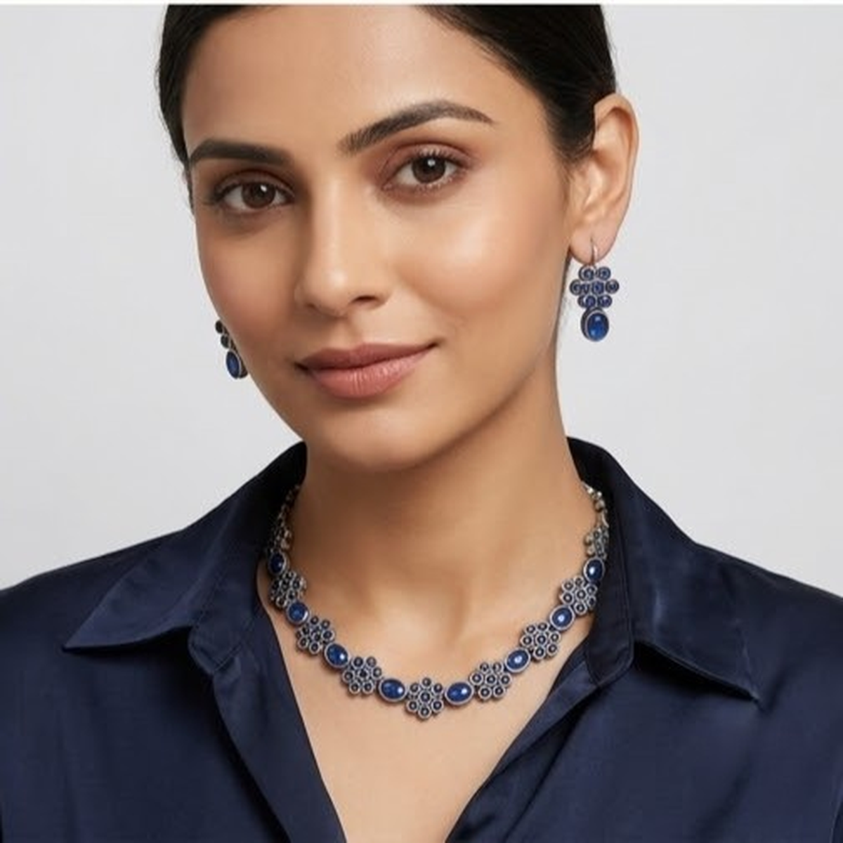 DIVYORO ELEGANT OXIDIZED SILVER NECKLACE WITH DEEP BLUE CIRCULAR STONES
