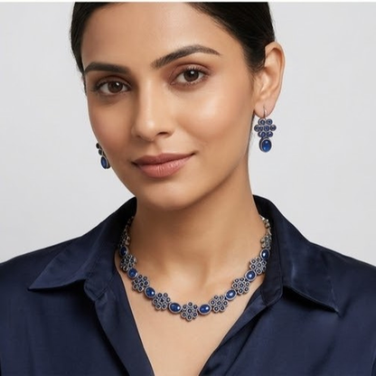 DIVYORO ELEGANT OXIDIZED SILVER NECKLACE WITH DEEP BLUE CIRCULAR STONES