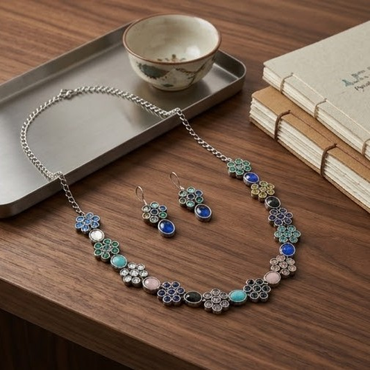 DIVYORO FLORAL LINK OXIDIZED NECKLACE WITH MULTI-COLORED GEMSTONE CENTERS