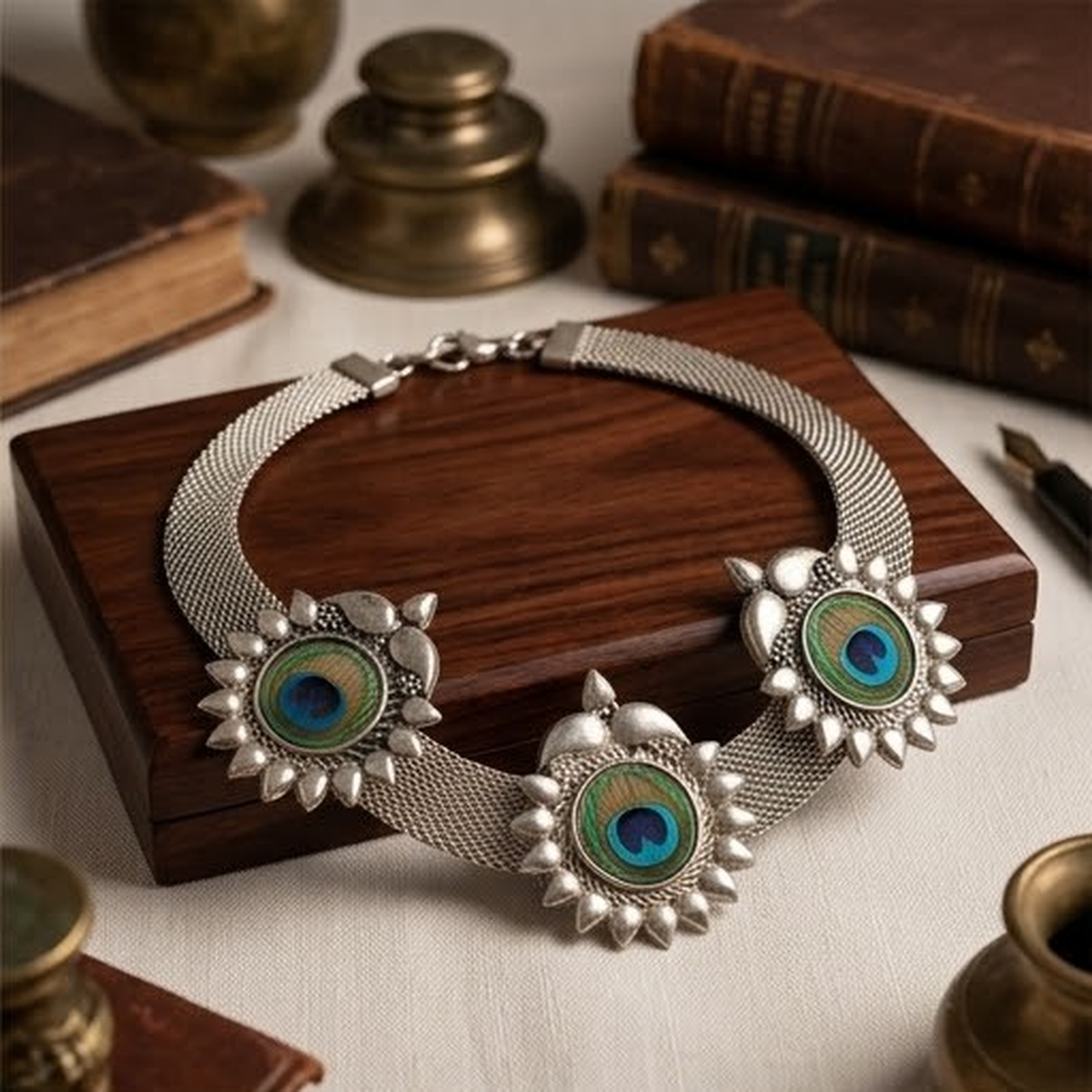 DIVYORO OXIDIZED SILVER MESH NECKLACE WITH PEACOCK-INSPIRED STONE SETTINGS