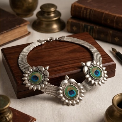DIVYORO OXIDIZED SILVER MESH NECKLACE WITH PEACOCK-INSPIRED STONE SETTINGS