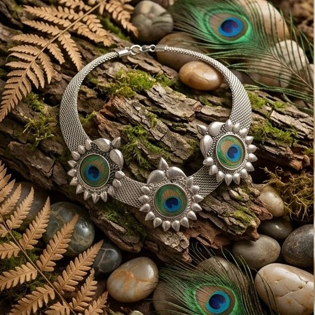 DIVYORO OXIDIZED SILVER MESH NECKLACE WITH PEACOCK-INSPIRED STONE SETTINGS