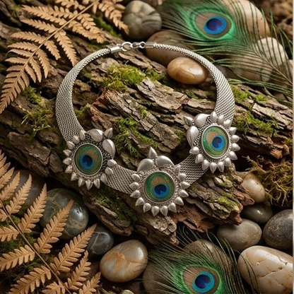 DIVYORO OXIDIZED SILVER MESH NECKLACE WITH PEACOCK-INSPIRED STONE SETTINGS